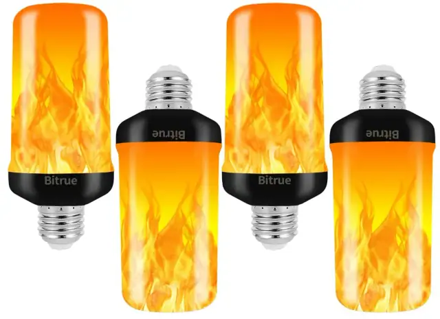 Four Bitrue E26 flame-effect bulbs in an orange flame style