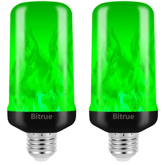 Two Bitrue E26 green flame-effect bulbs