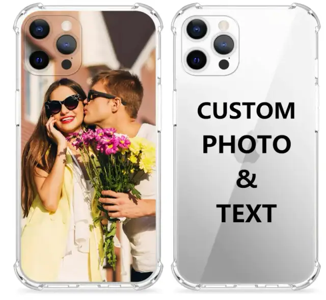 Personalized clear phone case for an iPhone with custom photo and text examples