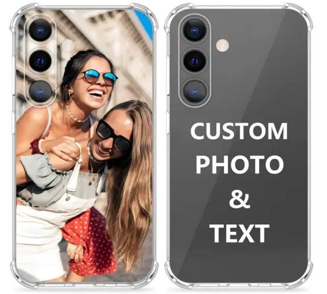 Personalized clear phone case for Samsung Galaxy devices with custom photo and text examples